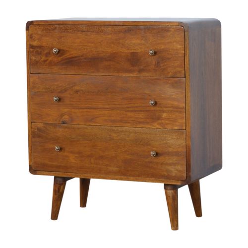 Chevet 70x35x80 Cm, 3 Tiroirs, Style Nordique Pieds Fuselés, Bois De Manguier, Couleur Brun