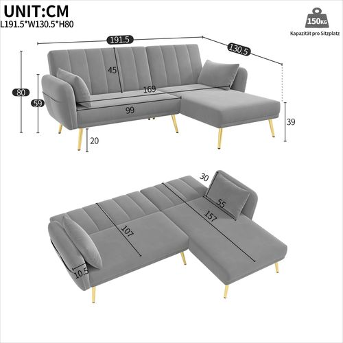 Canapé D'angle Convertible 191,5x130,5x80 Cm, Chaiselongue Réversible, Métal, Velours Gris