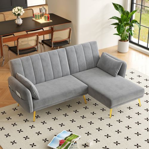 Canapé D'angle Convertible 191,5x130,5x80 Cm, Chaiselongue Réversible, Métal, Velours Gris