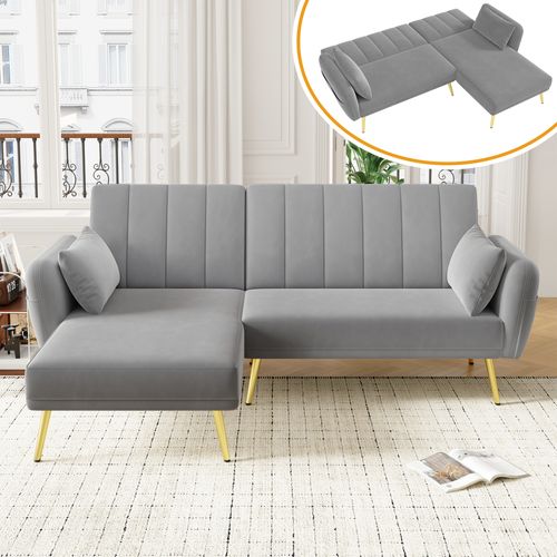 Canapé D'angle Convertible 191,5x130,5x80 Cm, Chaiselongue Réversible, Métal, Velours Gris