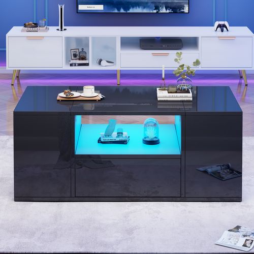 Table Basse 100x50x40 Cm, 1 Tiroir, 2 Portes Avec LED, Panneau De Particules Haute Brillance, Noir