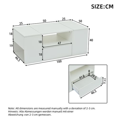 Table Basse 100x50x40 Cm, 1 Tiroir, 2 Niches, 2 Coffre, Rangement Ouvert, LED, Pb, Blanc
