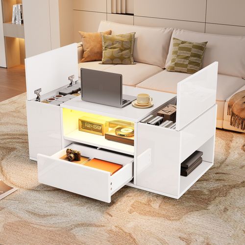 Table Basse 100x50x40 Cm, 1 Tiroir, 2 Niches, 2 Coffre, Rangement Ouvert, LED, Pb, Blanc