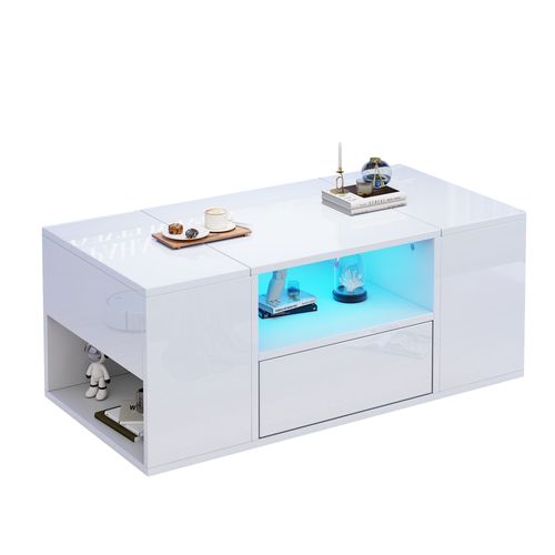Table Basse 100x50x40 Cm, 1 Tiroir, 2 Niches, 2 Coffre, Rangement Ouvert, LED, Pb, Blanc