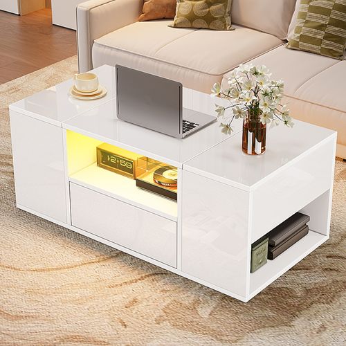 Table Basse 100x50x40 Cm, 1 Tiroir, 2 Niches, 2 Coffre, Rangement Ouvert, LED, Pb, Blanc