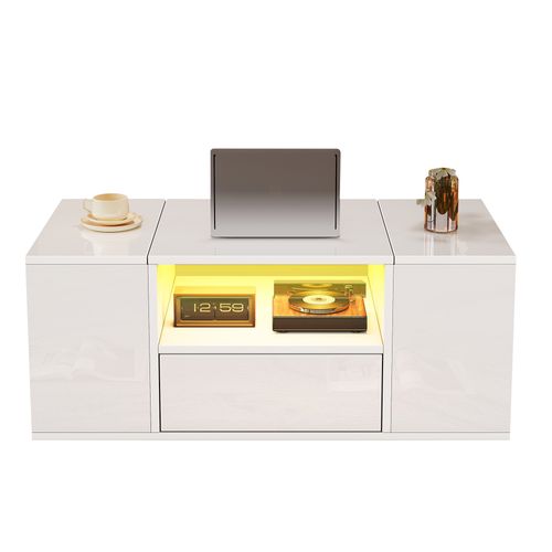 Table Basse 100x50x40 Cm, 1 Tiroir, 2 Niches, 2 Coffre, Rangement Ouvert, LED, Pb, Blanc