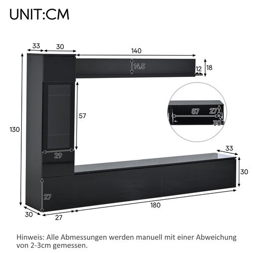Ensemble Mural TV 3 Pièce 180x33x30 Cm, Éclairage LED Rgb, Panneau De Particules, Verre Trempé, Noir