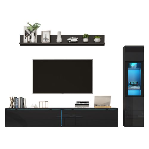 Ensemble Mural TV 3 Pièce 180x33x30 Cm, Éclairage LED Rgb, Panneau De Particules, Verre Trempé, Noir