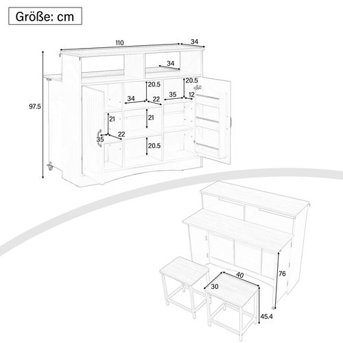 Îlot De Cuisine Sur Roulettes 110x34-68x97.5cm, 2 Tabourets, Plateau Pliable, Mdf, Pb, Noir+bois