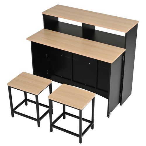 Îlot De Cuisine Sur Roulettes 110x34-68x97.5cm, 2 Tabourets, Plateau Pliable, Mdf, Pb, Noir+bois