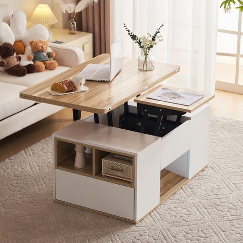 Table Basse Relevable 100x51x47 Cm, 2 En 1 Avec Rangements, Panneaux De Particules, Blanc+bois