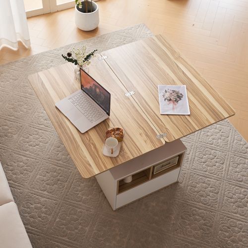 Table Basse Relevable 100x51x47 Cm, 2 En 1 Avec Rangements, Panneaux De Particules, Blanc+bois