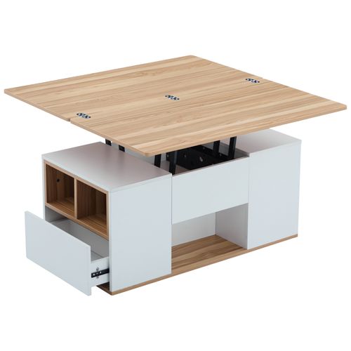 Table Basse Relevable 100x51x47 Cm, 2 En 1 Avec Rangements, Panneaux De Particules, Blanc+bois