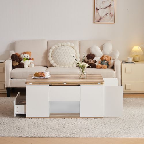 Table Basse Relevable 100x51x47 Cm, 2 En 1 Avec Rangements, Panneaux De Particules, Blanc+bois