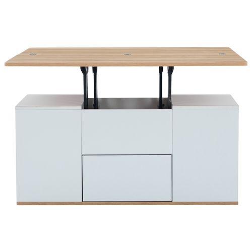Table Basse Relevable 100x51x47 Cm, 2 En 1 Avec Rangements, Panneaux De Particules, Blanc+bois