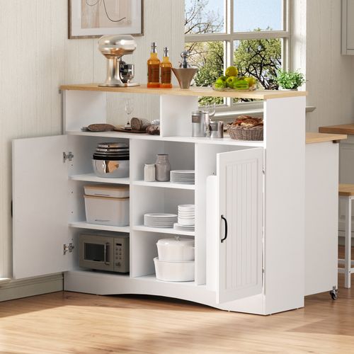 Îlot De Cuisine 110x34-68x97,5 Cm, Plateau Pliable, Roulettes, 2 Tabourets Inclus, Mdf, Blanc+bois