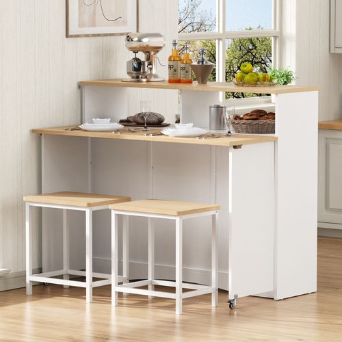 Îlot De Cuisine 110x34-68x97,5 Cm, Plateau Pliable, Roulettes, 2 Tabourets Inclus, Mdf, Blanc+bois