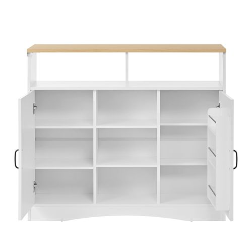 Îlot De Cuisine 110x34-68x97,5 Cm, Plateau Pliable, Roulettes, 2 Tabourets Inclus, Mdf, Blanc+bois