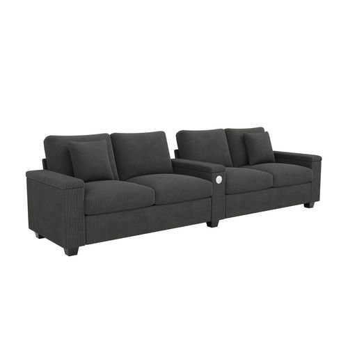 Canapé 4 Places 299x80x82,7 Cm, Accoudoir Central, Ports USB Et Rangement, Velours Côtelé Gris