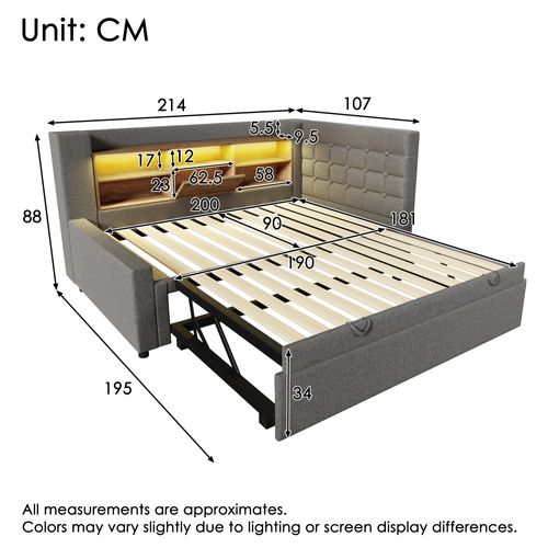 Lit Gigogne 90x200+90x190 Cm, LED Et Ports De Charge, 5 Niches, Lin Et Métal, Couleur Gris
