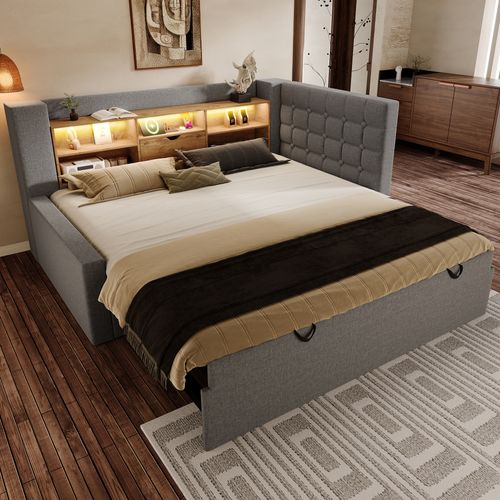 Lit Gigogne 90x200+90x190 Cm, LED Et Ports De Charge, 5 Niches, Lin Et Métal, Couleur Gris