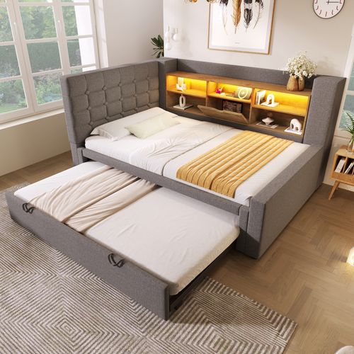 Lit Gigogne 90x200+90x190 Cm, LED Et Ports De Charge, 5 Niches, Lin Et Métal, Couleur Gris