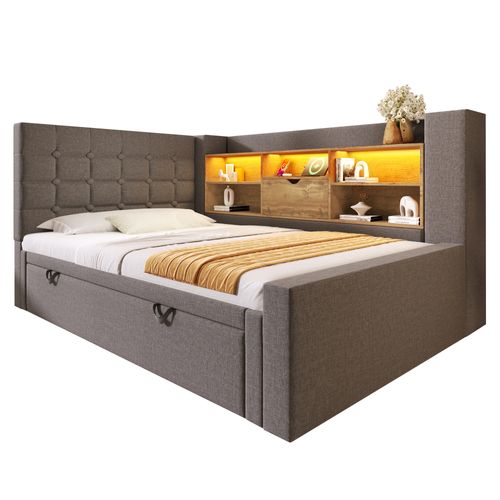 Lit Gigogne 90x200+90x190 Cm, LED Et Ports De Charge, 5 Niches, Lin Et Métal, Couleur Gris