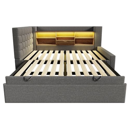 Lit Gigogne 90x200+90x190 Cm, LED Et Ports De Charge, 5 Niches, Lin Et Métal, Couleur Gris