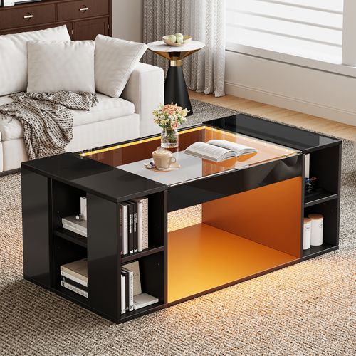 Table Basse 100x50x40 Cm, Espace Central Ouvert, Plateau Verre Trempé Et LED Pilotable, Mdf, Noire