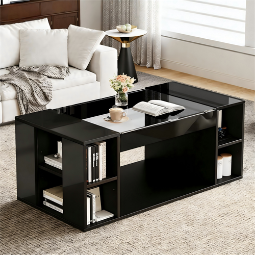 Table Basse 100x50x40 Cm, Espace Central Ouvert, Plateau Verre Trempé Et LED Pilotable, Mdf, Noire