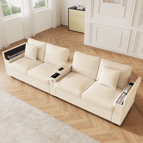Canapé 4 Places 299 X 80 X 82,7 Cm, Accoudoir Coffre Avec Ports USB/usb-c, Velours Côtelé Beige