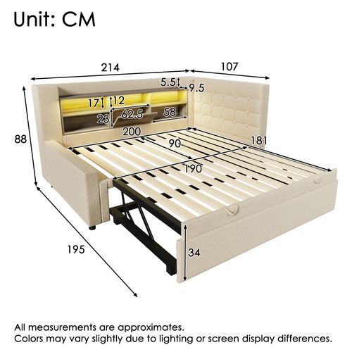 Lit Gigogne 90x200+90x190 Cm, Éclairage LED Et Ports De Charge, 5 Niches, Lin Et Bois, Couleur Beige
