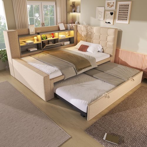 Lit Gigogne 90x200+90x190 Cm, Éclairage LED Et Ports De Charge, 5 Niches, Lin Et Bois, Couleur Beige