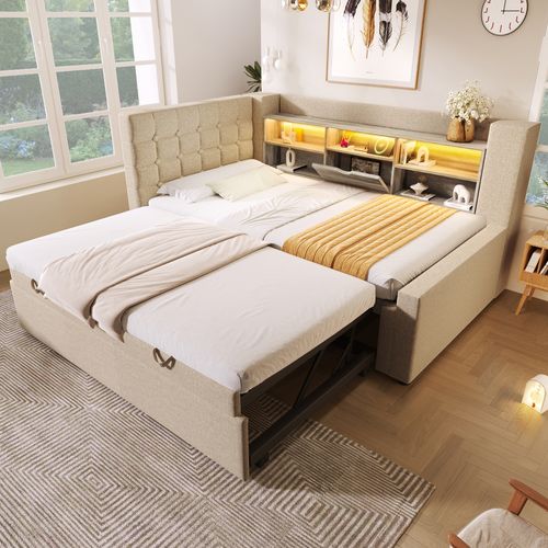 Lit Gigogne 90x200+90x190 Cm, Éclairage LED Et Ports De Charge, 5 Niches, Lin Et Bois, Couleur Beige