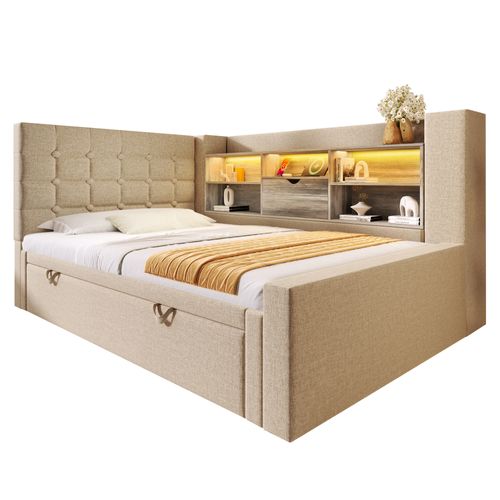 Lit Gigogne 90x200+90x190 Cm, Éclairage LED Et Ports De Charge, 5 Niches, Lin Et Bois, Couleur Beige