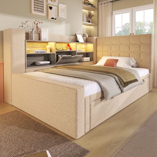 Lit Gigogne 90x200+90x190 Cm, Éclairage LED Et Ports De Charge, 5 Niches, Lin Et Bois, Couleur Beige