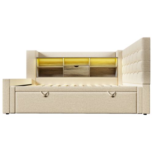 Lit Gigogne 90x200+90x190 Cm, Éclairage LED Et Ports De Charge, 5 Niches, Lin Et Bois, Couleur Beige