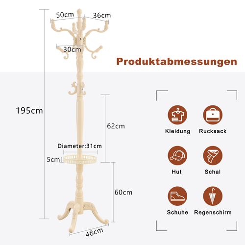 Porte-manteau 50x50x195 Cm, Multicrochets Décoratifs, Bois Et Métal, Couleur Blanc Crème