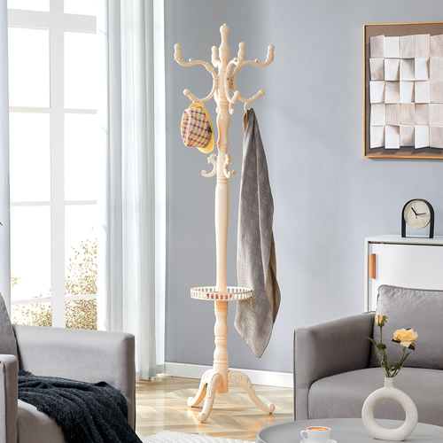 Porte-manteau 50x50x195 Cm, Multicrochets Décoratifs, Bois Et Métal, Couleur Blanc Crème