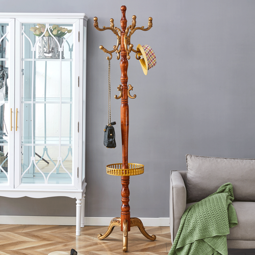 Portemanteau Sur Pied 50x50x195 Cm, Multi Crochets Et Design Sculpté, Bois Et Métal, Couleur Bois