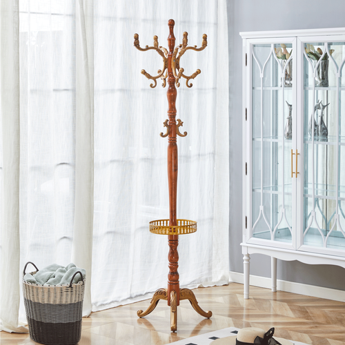Portemanteau Sur Pied 50x50x195 Cm, Multi Crochets Et Design Sculpté, Bois Et Métal, Couleur Bois