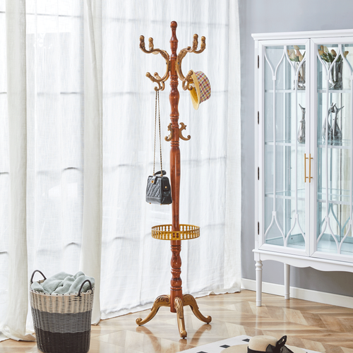 Portemanteau Sur Pied 50x50x195 Cm, Multi Crochets Et Design Sculpté, Bois Et Métal, Couleur Bois