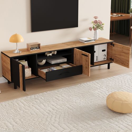 Meuble TV 180x32,5x50 Cm, 3 Portes, 1 Niche, 1 Tiroir, Panneau De Particules, Noir Et Bois