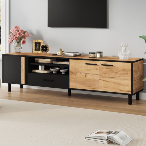 Meuble TV 180x32,5x50 Cm, 3 Portes, 1 Niche, 1 Tiroir, Panneau De Particules, Noir Et Bois