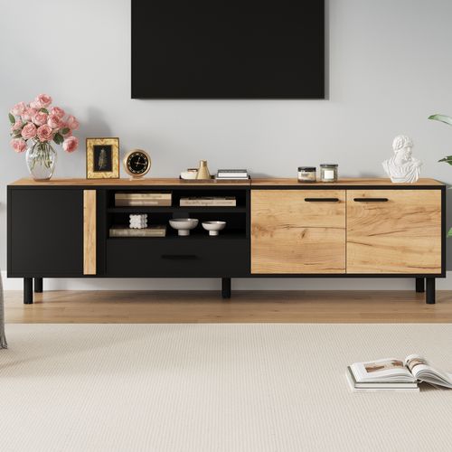 Meuble TV 180x32,5x50 Cm, 3 Portes, 1 Niche, 1 Tiroir, Panneau De Particules, Noir Et Bois