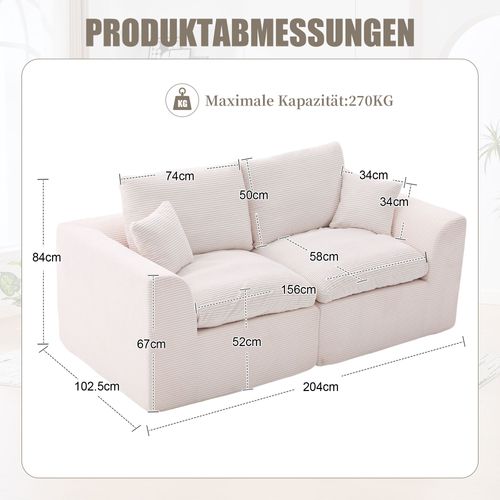 Canapé 2 Places 204x102,5x84 Cm, Dossier Et Assise Doux, Tissu Velours Côtelé, Beige