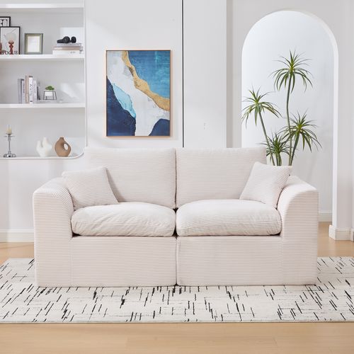 Canapé 2 Places 204x102,5x84 Cm, Dossier Et Assise Doux, Tissu Velours Côtelé, Beige