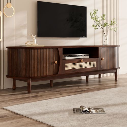Meuble TV 165x37x46 Cm, Portes Coulissantes Et Tiroirs En Rotin, Mdf, Couleur Noyer