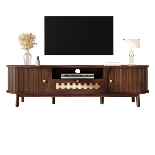 Meuble TV 165x37x46 Cm, Portes Coulissantes Et Tiroirs En Rotin, Mdf, Couleur Noyer