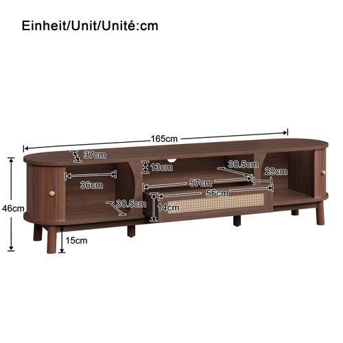Meuble TV 165x37x46 Cm, Portes Coulissantes Et Tiroirs En Rotin, Mdf, Couleur Noyer